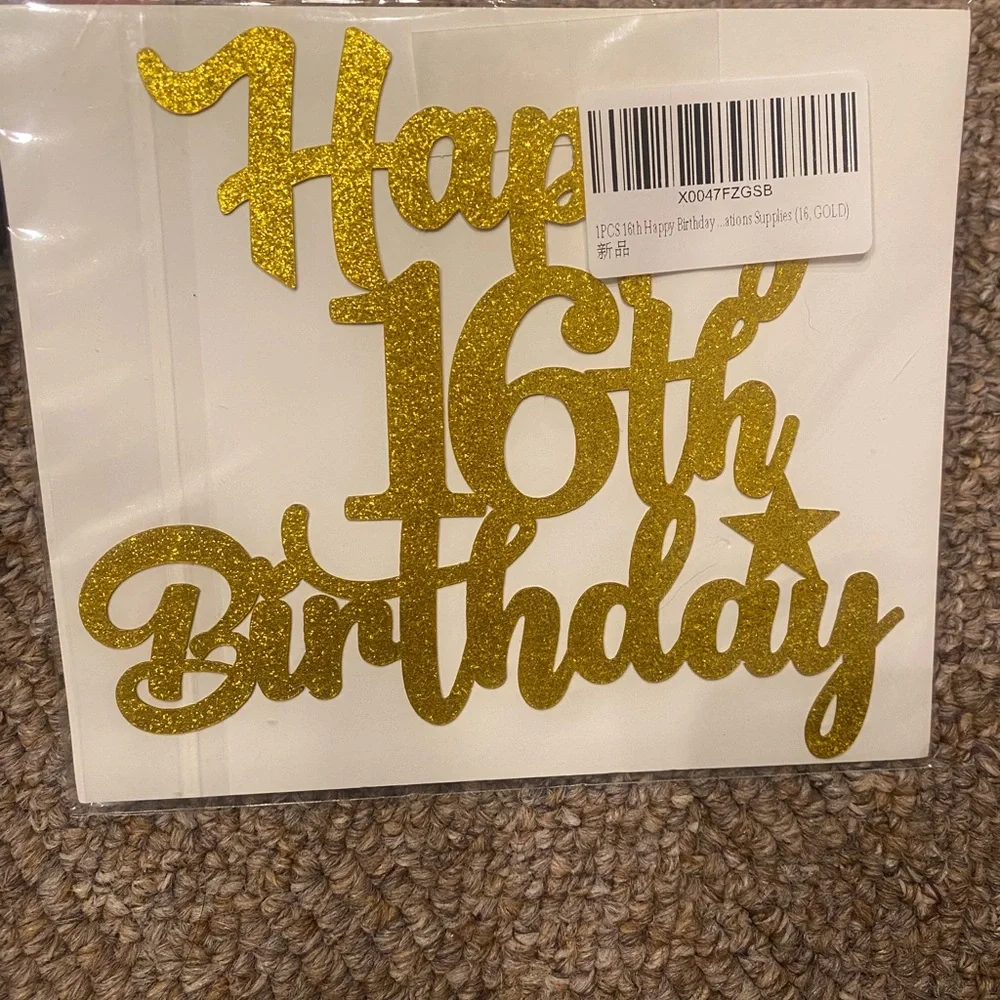 Gold Glitter 'Happy 16th Birthday' Cake Topper